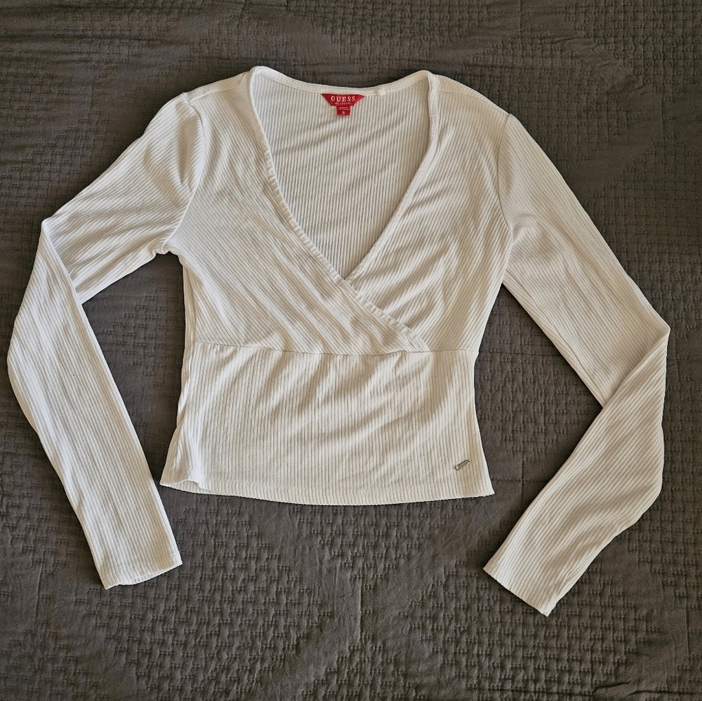 Guess Ribbed Long Sleeve Top Size S White V Neck
